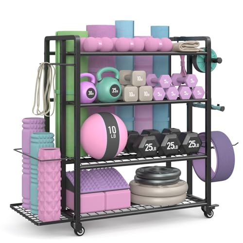 4-Tier Weight Rack for Home Gym with Wheels and Hooks - size: Large Black