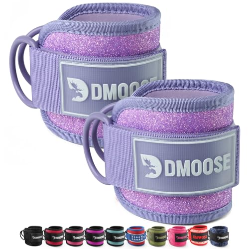 DMoose Fitness Ankle Strap for Cable Machine - One Size Fit with Premium Padding Cuffs, Ankle Bands for Working Out, Booty Workouts, Leg Extension, Hip Abductors, Kickbacks & Lower Body Exercises - color: Purple Glitter - Pair