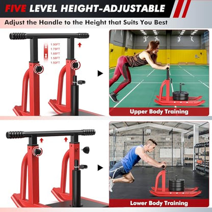 Weight Sled, Heavy-Duty Push Pull Sled, Adjustable Height Handle, Workout Fitness Sled for Training- Running Speed, Agility, Soccer, Football, Strength, Crossfit- Suitable for 1" & 2" Plates