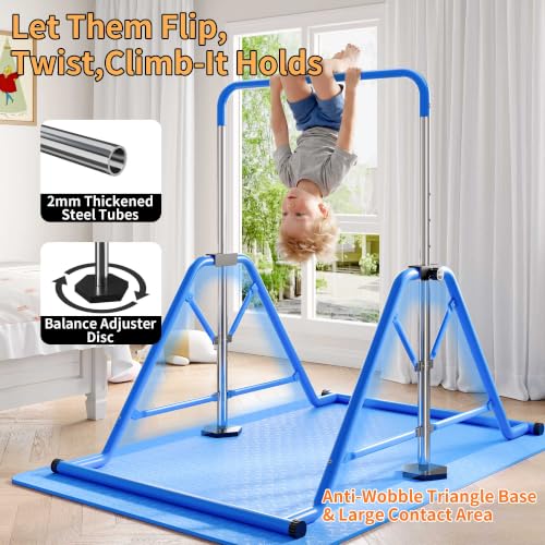 Expandable Gymnastics Bars 45''-61'' with Side Support Bars for Kids - color: Blue with rings and mat