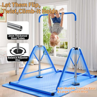 Expandable Gymnastics Bars 45''-61'' with Side Support Bars for Kids - color: Blue with swing and mat