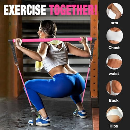 Pilates Bar Kit with Resistance Bands,Pilates Bar with Stackable Bands Workout Equipment for Legs,Hip,Waist and Arm,Exercise Fitness Equipment for Women & Men Home Gym Yoga Pilates - color: Hot Pink
