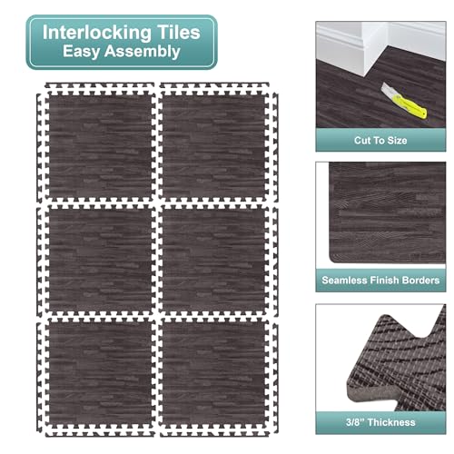 Sorbus Wood Grain Floor Mats Foam Interlocking Mats Each Tile 1 Square Foot 3/8-Inch Thick Flooring Mat Tiles - Home Office Playroom Basement Trade Show (16 Tiles,16 Sq ft, Wood Grain - Carbon) - color: Carbon
