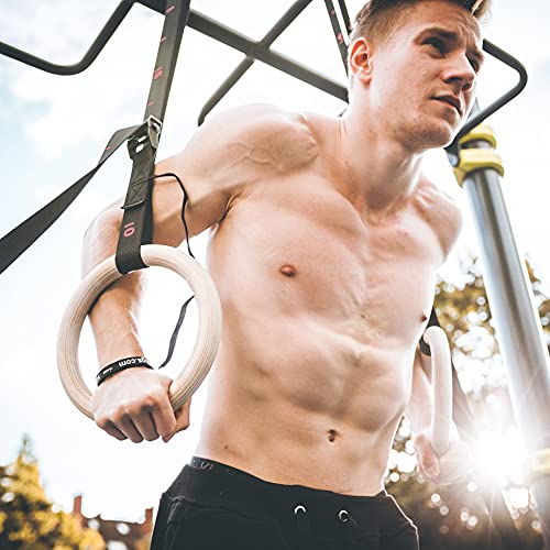 VIA Fortis® Premium Wooden Gym Rings with Straps, Bag & Workout Guide - Gym Rings for Calisthenics & Crossfit in Competition Design - Extra Wide Straps with Markings