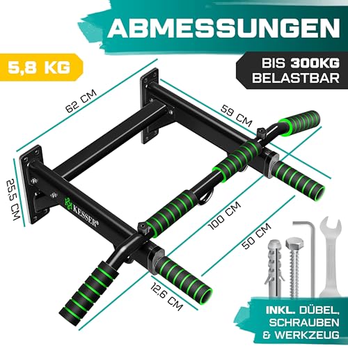 KESSER® 4-in-1 pull-up bar for wall mounting, non-slip handles, additional function for rope rings and punching bags with different grip positions, safe and stable, pull-up bar for home