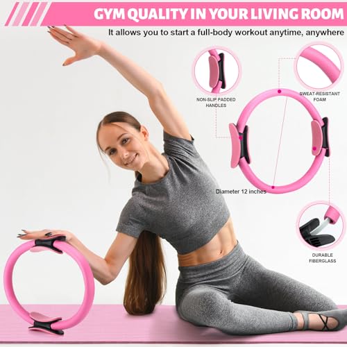 Set of 18 Pilates Ring Essential Kit for Women Pilates Ring and Ball Ankle Resistance Band Yoga Strap Socks Mat Arm Stretcher Latex Tube Gym Back Bag Exercise Equipment for Workout