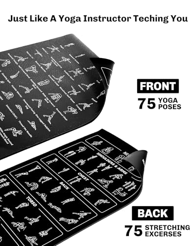 Instructional Travel Yoga Mat with 75 Asanas Poses & Exercises - Exercise Mat for Home Workout, Includes Carrying Bag, 68"x24"x0.25" - color: Black