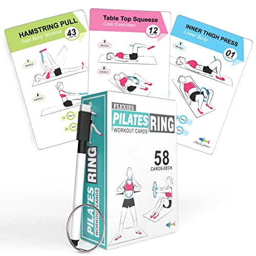 Pilates Ring Workout Cards | 58 Exercise Cards with Postures, Breathing Tips & Intensity Levels | Waterproof Color-Coded Pilates Flash Cards with Dry-Erase Marker