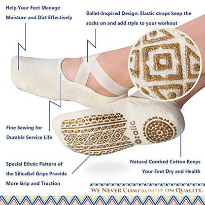 Ozaiic Pilates Socks for Women Non Slip Grip Yoga Barefoot Indoor Workout - color: Black/ Beige -2p（1st Anniversary Edition）