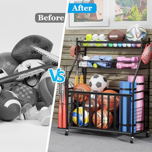 Jsskeeim Garage Sports Equipment Organizer,Sports Ball Organizer with Wheels,Mesh Pocket, Basket,Ball Organizer with Baseball Bat Rack and HooksToy Storage Rolling Cart-Black - style: 01