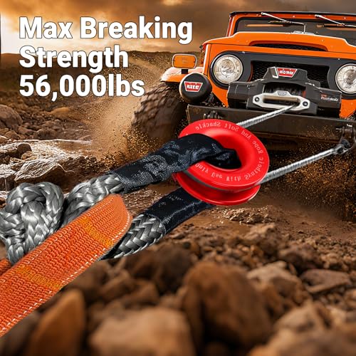 Synthetic Soft Shackle Rope 1/2 Inch x 22 Inch Gray Recovery Tow Shackles with Red Recovery Ring 56,000lbs Breaking Strength Offroad Soft Shackle Recovery Kit for Truck, Jeep, SUV, UTV, ATV