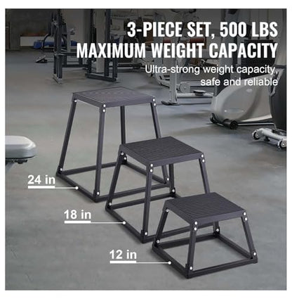 Plyometric Jump Boxes 12/18/24 Inch Set, Plyo Box for Fitness, Agility Training, Step Up Platform - Home Gym Conditioning, Strength Workouts - Black