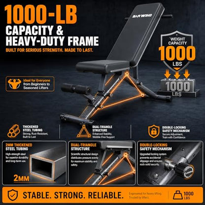 BARWING Adjustable Weight Bench Workout Bench, 1000/1300 LBS Heavy Duty Incline Decline Bench for Home Gym, Easy Assembly Foldable Training Lifting Bench - color: Black
