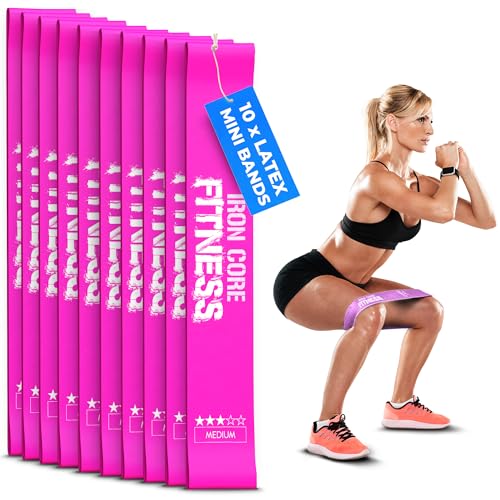 Latex Mini Resistance Bands Sets for Trainers, Bootcamp, Gym for Men and Women in Fun Colors - Ebook, Videos and Workout Chart Included by Iron Core Fitness - color: #4 Electric Rose, 10 x Medium
