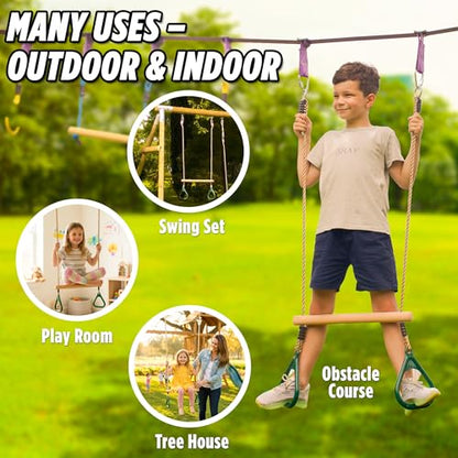 Wooden Trapeze Swing Bar for Kids - 18" Adjustable Height Monkey Bars Rings Swingset Accessories - Ninja Warrior Obstacle Course for Kids - Jungle Gym Accessories Playground Attachments