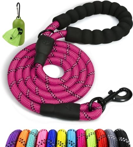 Taglory Rope Dog Leash 5 FT with Comfortable Padded Handle, Highly Reflective Threads Leash and Anti-Tangle Clip for Walking Medium Large Dogs, 1/2 inch, Hotpink