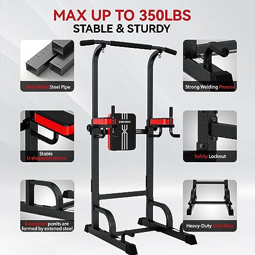 Pooboo Power Tower Dip Station Pull Up Bar for Fitness Home Gym Workout,Multi-Function Adjustable Height Fitness Strength Training Exercise Equipment (Black)