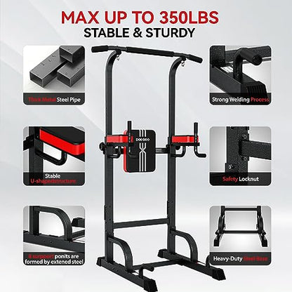 Pooboo Power Tower Dip Station Pull Up Bar for Fitness Home Gym Workout,Multi-Function Adjustable Height Fitness Strength Training Exercise Equipment (Black)