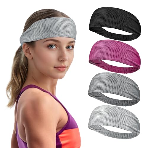 Sukeen Cooling Headbands for Women, Instant Cooling Moisture Wicking Non-Slip Sweatbands for Women Running Fitness Yoga - color: Black/Dark Gray/Gray/Rose Red