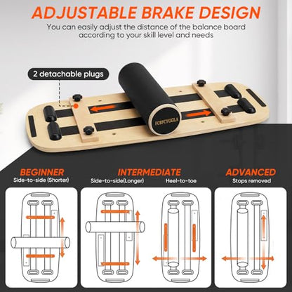 Balance Board with Adjustable Stoppers, Surf Balance Trainer for Adults, Wooden Balance Board for Core Strength & Balance Control, Skateboard Snowboard Training Equipment