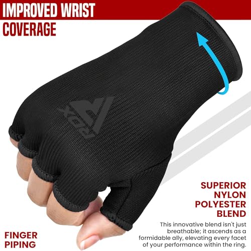 RDX Boxing Hand Wraps Inner Gloves Men Women, Half Finger Elasticated Bandages, Under Mitts Fist Protection, Muay Thai, Kickboxing, MMA, Martial Arts Speed Bag Punching Training - color: Full Black, size: Medium