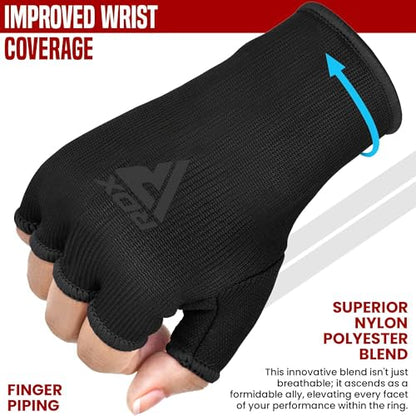 RDX Boxing Hand Wraps Inner Gloves Men Women, Half Finger Elasticated Bandages, Under Mitts Fist Protection, Muay Thai, Kickboxing, MMA, Martial Arts Speed Bag Punching Training - color: Full Black, size: Medium