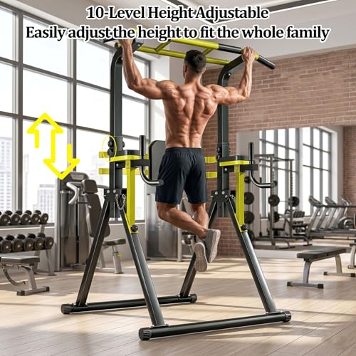 Freestanding Pull Up Bar Station, Foldable Pull Up Tower & Dip Station for Home Gym Workout, Portable| 10-Level Adjustable Height| Heavy Duty Steel| 440 LBS - color: Black+Yellow
