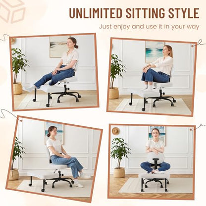 Homall Ergonomic Cross Legged Office Desk Chair with Wheels, 360° Swivel and Adjustable Height for Meditation and ADHD,Criss Cross Kneeling Chair with Lumbar Support (Leather, White) - color: White