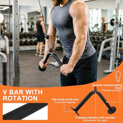Fitvids Cable Attachment Set 800LB LoadCapacity Tricep Rope, Row Handle, StraightBar, V Bar Commercial Grade Cable MachineAccessories for Home Gym Workouts