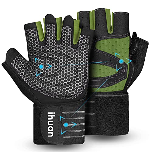 ihuan Ventilated Weight Lifting Gym Workout Gloves with Wrist Wrap Support for Men & Women, Full Palm Protection, for Weightlifting, Training, Fitness, Hanging, Pull ups - color: Dark green, size: Large