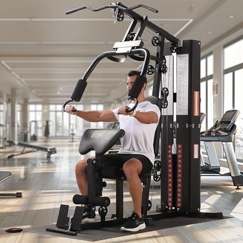 BalanceFrom Multifunctional Steel Frame Home Gym Machine with Floor Mat – Strength Training Workout Station with 160-Pound Weight Stack, LAT Pull & Low Row Bars, 4-Roll Leg Developer & Press