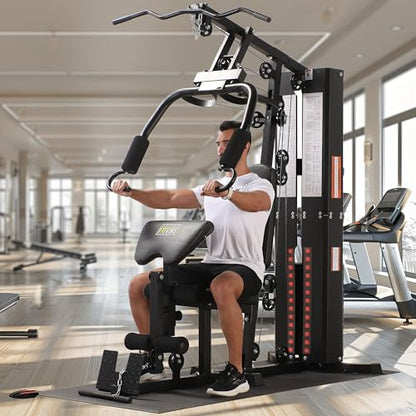 BalanceFrom Multifunctional Steel Frame Home Gym Machine with Floor Mat – Strength Training Workout Station with 160-Pound Weight Stack, LAT Pull & Low Row Bars, 4-Roll Leg Developer & Press