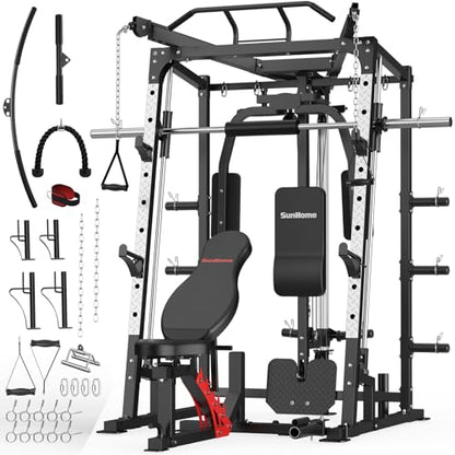 SunHome Smith Machine, Power Cage Squat Rack with Smith Bar, LAT Pull-Down Systems, Cable Crossover Machine and Cable Attachment for Home Gym