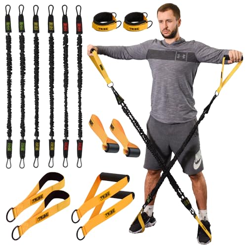 Tube Resistance Bands for Working Out Men and Women - 180lb Exercise Bands Set with Handles, Resistance Band Bar, Ankle Straps, Foot Straps, Door Anchor for Home Gym Strength - color: Yellow