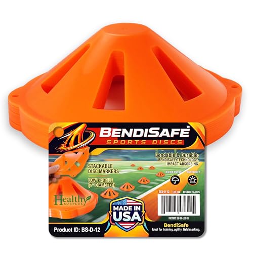 Soccer Training Discs Set of 12 - Flexible Agility Marker Discs for Soccer, Football & Basketball Drills- 7” Base and 2.25” Tall – High Visibility Orange Field Marker Cones - Made in USA - BendiSafe
