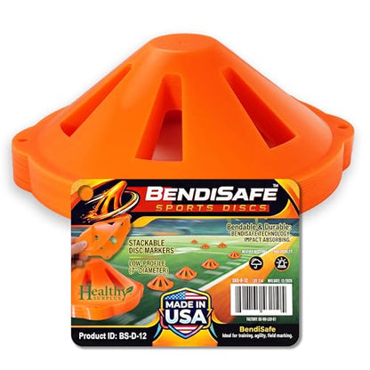 Soccer Training Discs Set of 12 - Flexible Agility Marker Discs for Soccer, Football & Basketball Drills- 7” Base and 2.25” Tall – High Visibility Orange Field Marker Cones - Made in USA - BendiSafe