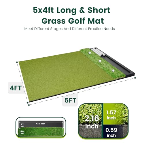 Golf Hitting Mat with Ball Tray, Dual-Turf Practice Training Mat for Indoor & Outdoor Use with 3 Rubber Tees - size: 5 x 4 ft - 1.22"