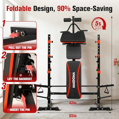 MAIDOMA 8 IN 1 Standard Weight Bench Set with Leg Extension and Leg Curl, Fast Folding & Adjustable Workout Bench for Home Gym,Adjustable Bench Press with Squat Rack.（US Stock） - color: rust red