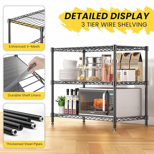 3-Tier Storage Shelves 795LBS Metal Shelving Unit, Adjustable Wire Rack Small Shelf Organizer with Shelf Liners for Kitchen Pantry Office Closet Garage 24" W x 14" D x 30.5" H Black - size: 24" W x 14" D x 30.5" H-3 Tier