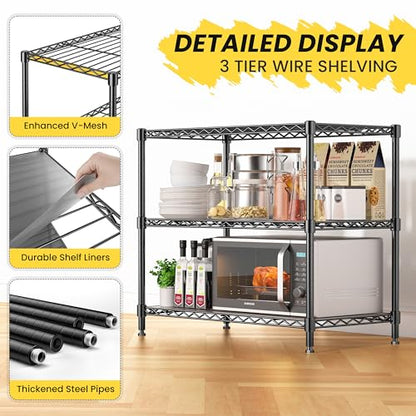 3-Tier Storage Shelves 795LBS Metal Shelving Unit, Adjustable Wire Rack Small Shelf Organizer with Shelf Liners for Kitchen Pantry Office Closet Garage 24" W x 14" D x 30.5" H Black - size: 24" W x 14" D x 30.5" H-3 Tier