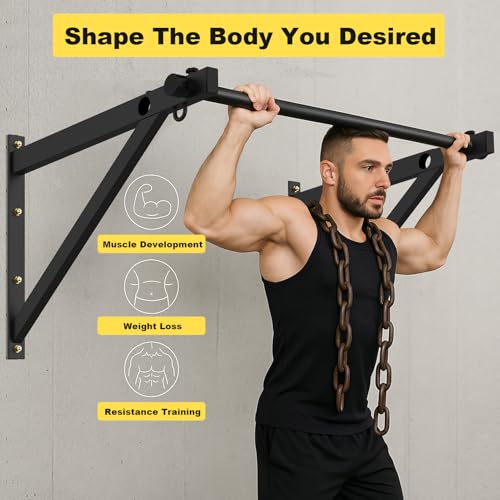 Pull Up Bar Wall Mounted, Adjustable Depth 51" Chin Up Bar, Strength Training Pull-Up Bars 500lbs Weight Capacity, Wall Mounted Pull Up Bars, Chin Up Workout Training Station for Home Gym Garage