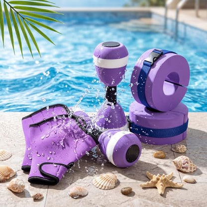 Water Aerobics Set Aquatic Exercise Set Include Water Foam Dumbbell Swim Aquatic Cuffs Ankle Arm Swimming Glove Pool Resistance Weights Pool Fitness Equipment for Training - color: Purple