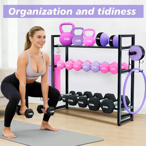3-Tier Dumbbell Rack with 882 LBS Capacity, Multi-Purpose Weight Rack for Home Gym with Shelf and Movable Hooks, Weight Holder and Home Gym Storage Organizer for Dumbells Kettlebells Yoga Mat