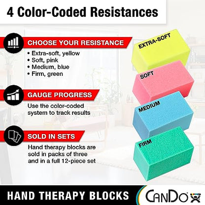 CanDo Hand Therapy Blocks - Extra-Soft Through Firm), Pack of 12 - Grip Strengthening Foam Hand Exercise Tools for Physical Therapy, Arthritis, Carpal Tunnel, Stress Relief, Anxiety - color: Multi (Extra-Soft Through Firm), size: Pack of 12