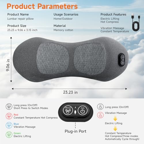 3-in-1 Electric Lumbar Support Pillow with Adjustable Height for Bed and Chair, Triple Fusion Cordless Back Massager with Heated, Vibration, Traction, Lower Back Pain Relief for Home & Office, Car