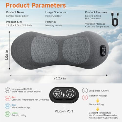3-in-1 Electric Lumbar Support Pillow with Adjustable Height for Bed and Chair, Triple Fusion Cordless Back Massager with Heated, Vibration, Traction, Lower Back Pain Relief for Home & Office, Car
