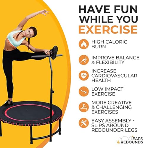 LEAPS & REBOUNDS 40" Adjustable Stability Bar Attachment with 40" Mini Fitness Trampoline and Home Gym Rebounder for Cardio Exercises, Red