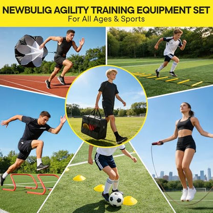 Agility Ladder Speed Training Equipment Set-20ft Ladder,12 Cones, 4 Adjustable Hurdles, Jump Rope, Resistance Parachute| Soccer,Basketball, Football Practice Equipment for Youth, Adults