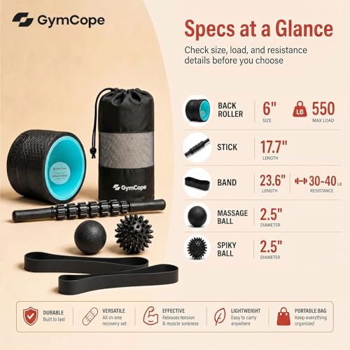 GymCope 5-in-1 Foam Roller Set with Back Roller, Massage Roller Stick, Spiky Ball, Fascia Ball and Stretch Band, 6 Inch Yoga Back Stretcher for Deep Stretch, Posture Support and Home Workout Recovery