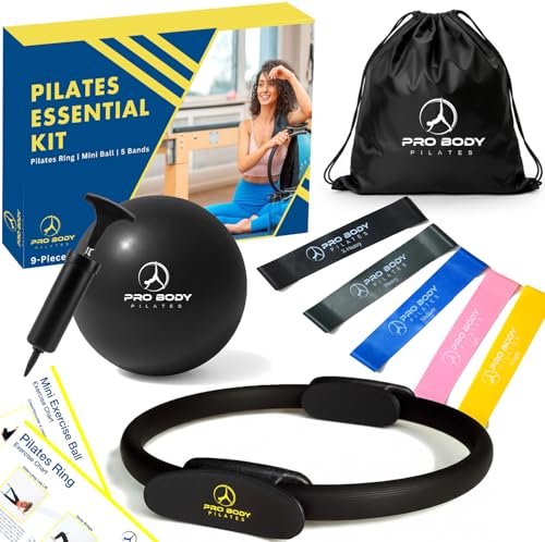 ProBody Pilates Ring Set with 14-Inch Magic Circle Ring, 9-Inch Exercise Ball, 5 Resistance Bands, Pump, Training Guides, & Storage Bag for Core Strength, Balance, Stability Training - color: Black